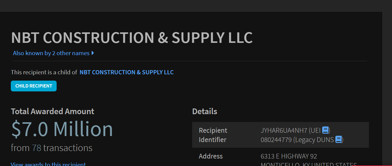 USASpending.gov: NBT Construction & Supply LLC — Monto Total Adjudicado $7.0 millones en 78 transacciones