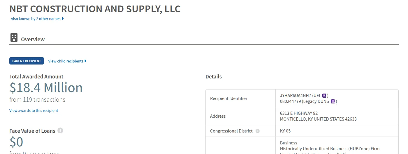 USASpending.gov: NBT Construction & Supply LLC — Total Awarded Amount $18.4 Million from 119 transactions