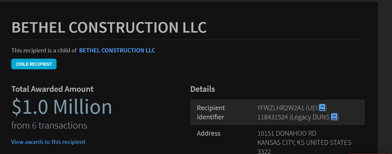 USASpending.gov: Bethel Construction LLC — Monto total adjudicado $1.0 millón en 6 transacciones