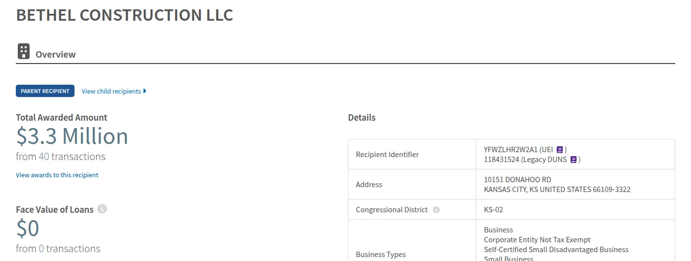 USASpending.gov: Bethel Construction LLC — Total Awarded Amount $3.3 Million from 40 transactions