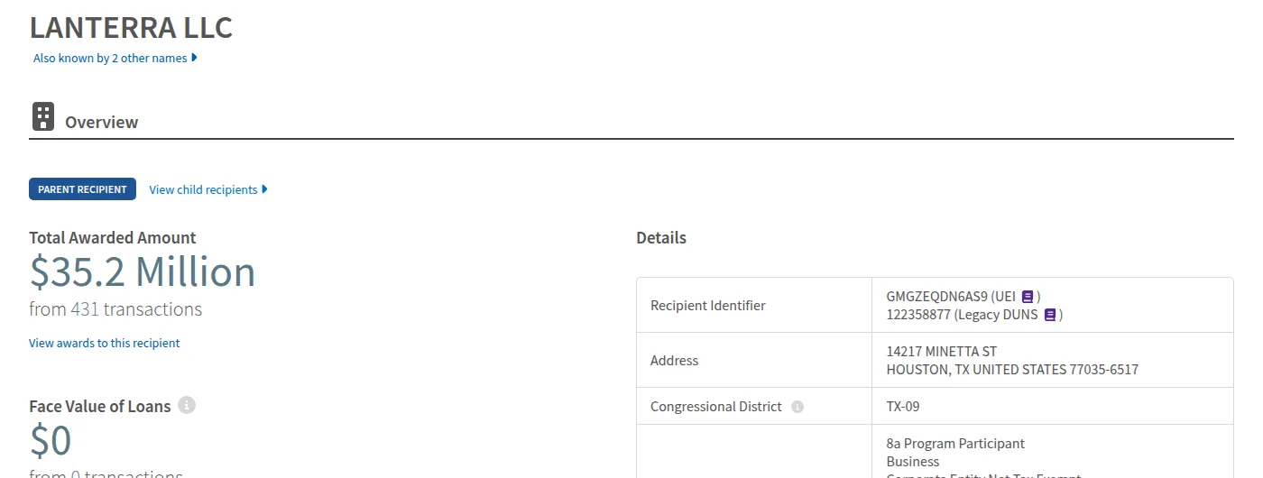 USASpending.gov: Lanterra, L.L.C. — Total Awarded Amount $35.2 Million from 431 transactions