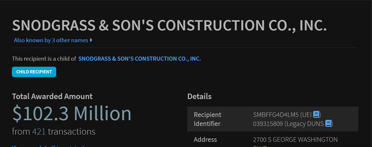 USASpending.gov: Snodgrass & Son's Construction Co., Inc. — Monto total adjudicado $102.3 millones en 421 transacciones
