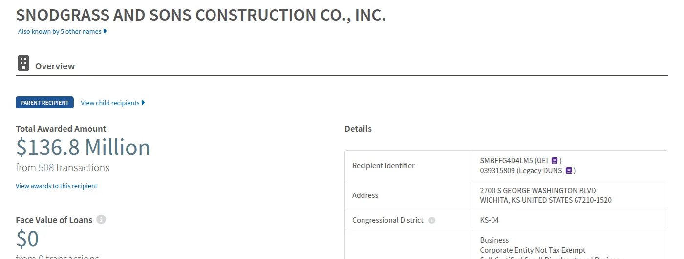 USASpending.gov: Snodgrass & Son's Construction Co., Inc. — Total Awarded Amount $136.8 Million from 508 transactions