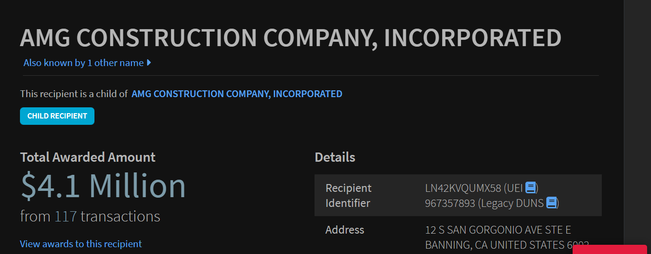 USASpending.gov: AMG Construction Company, Incorporated — Monto Total Adjudicado $4.1 millones en 117 transacciones