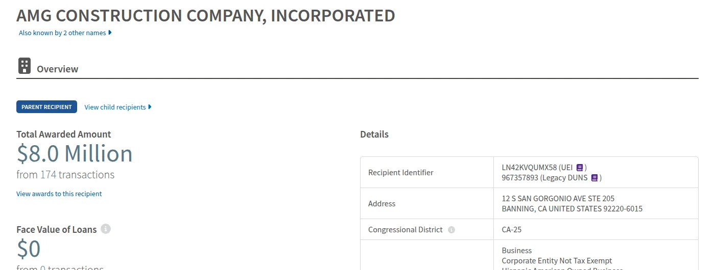 USASpending.gov: AMG Construction Company, Incorporated — Total Awarded Amount $8.0 Million from 174 transactions