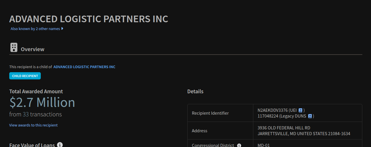 USASpending.gov: ADVANCED LOGISTIC PARTNERS INC — Monto total adjudicado $2.7 millones en 33 transacciones
