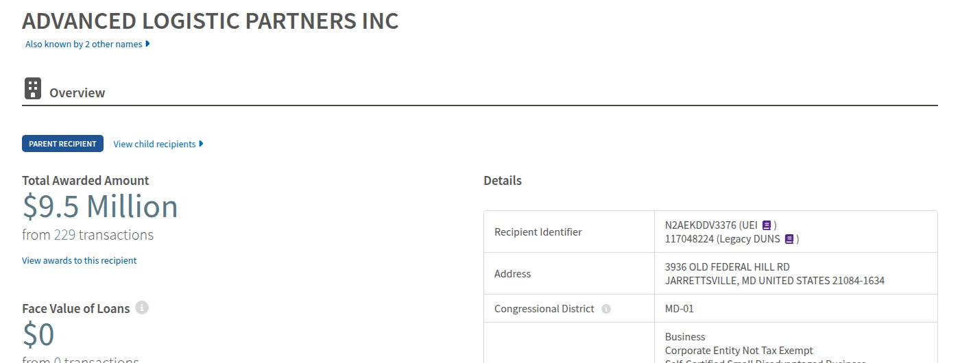 USASpending.gov: ADVANCED LOGISTIC PARTNERS INC — Total Awarded Amount $9.5 Million from 229 transactions