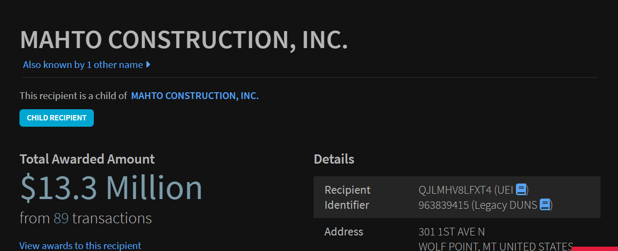 USASpending.gov: Mahto Construction, Inc. — Monto total adjudicado $13.3 millones en 89 transacciones