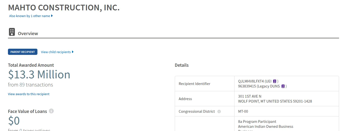 USASpending.gov: Mahto Construction, Inc. — Total Awarded Amount $13.3 Million from 89 transactions