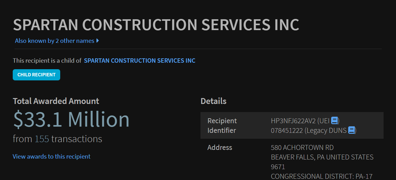 USASpending.gov: Spartan Construction Services Inc — Monto total adjudicado $33.1 millones en 155 transacciones