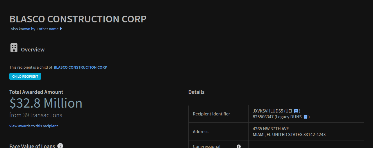USASpending.gov: BLASCO CONSTRUCTION CORP — Monto total adjudicado $32.8 millones en 39 transacciones